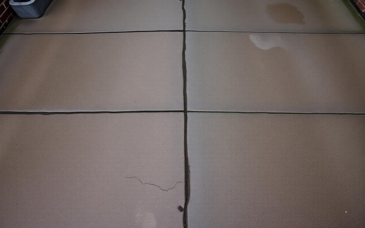 Stained concrete driveway before pressure washing